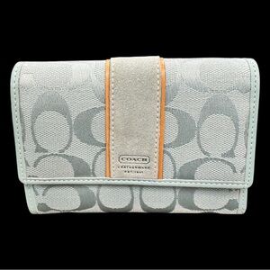 NWTCoach Leather Wallet in Light Blue Canvas,  Suede and Tan accent